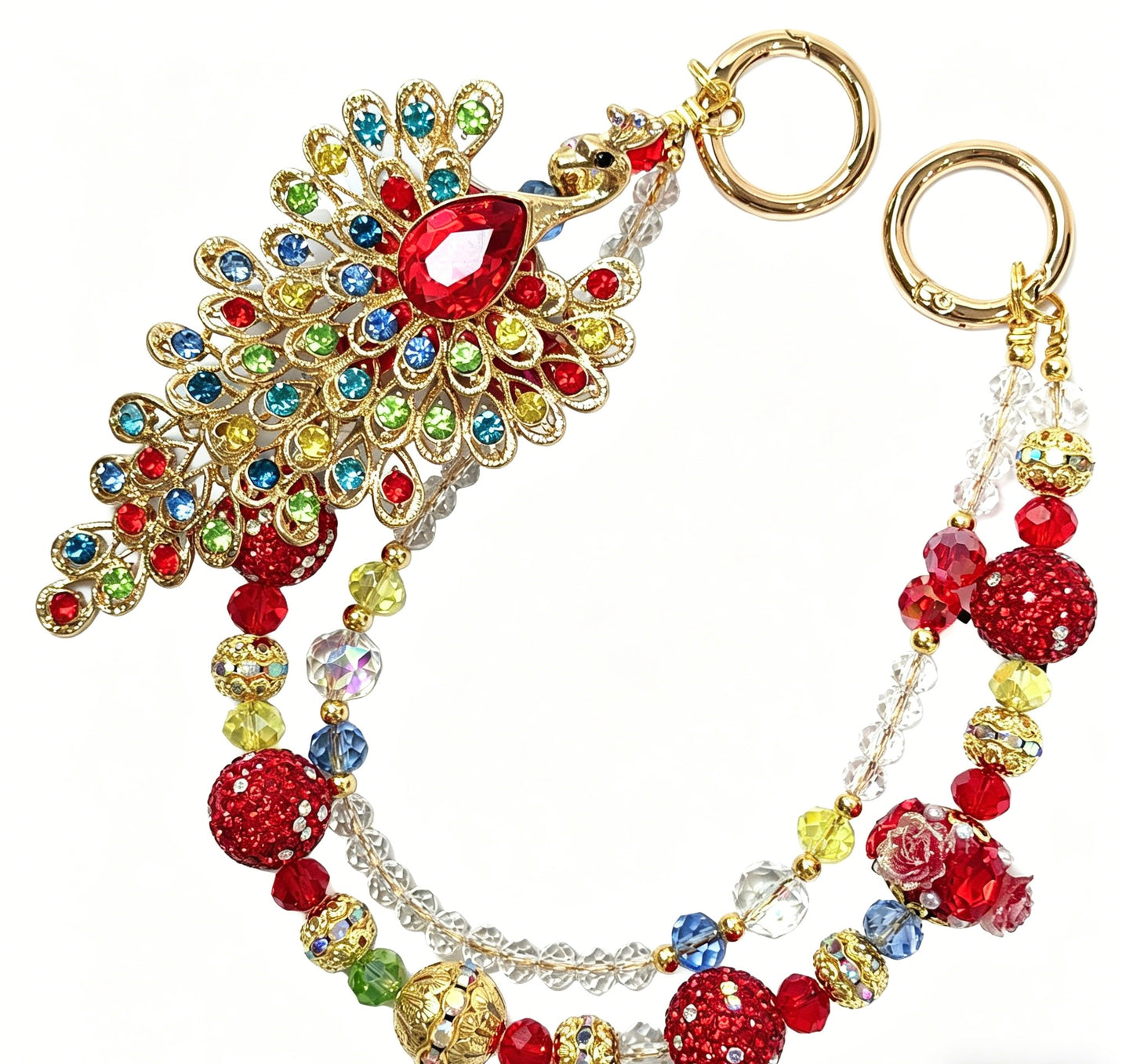 Peacock Phone Chain Charm Strap – Colorful Iridescent Beaded Bag & Phone Accessory