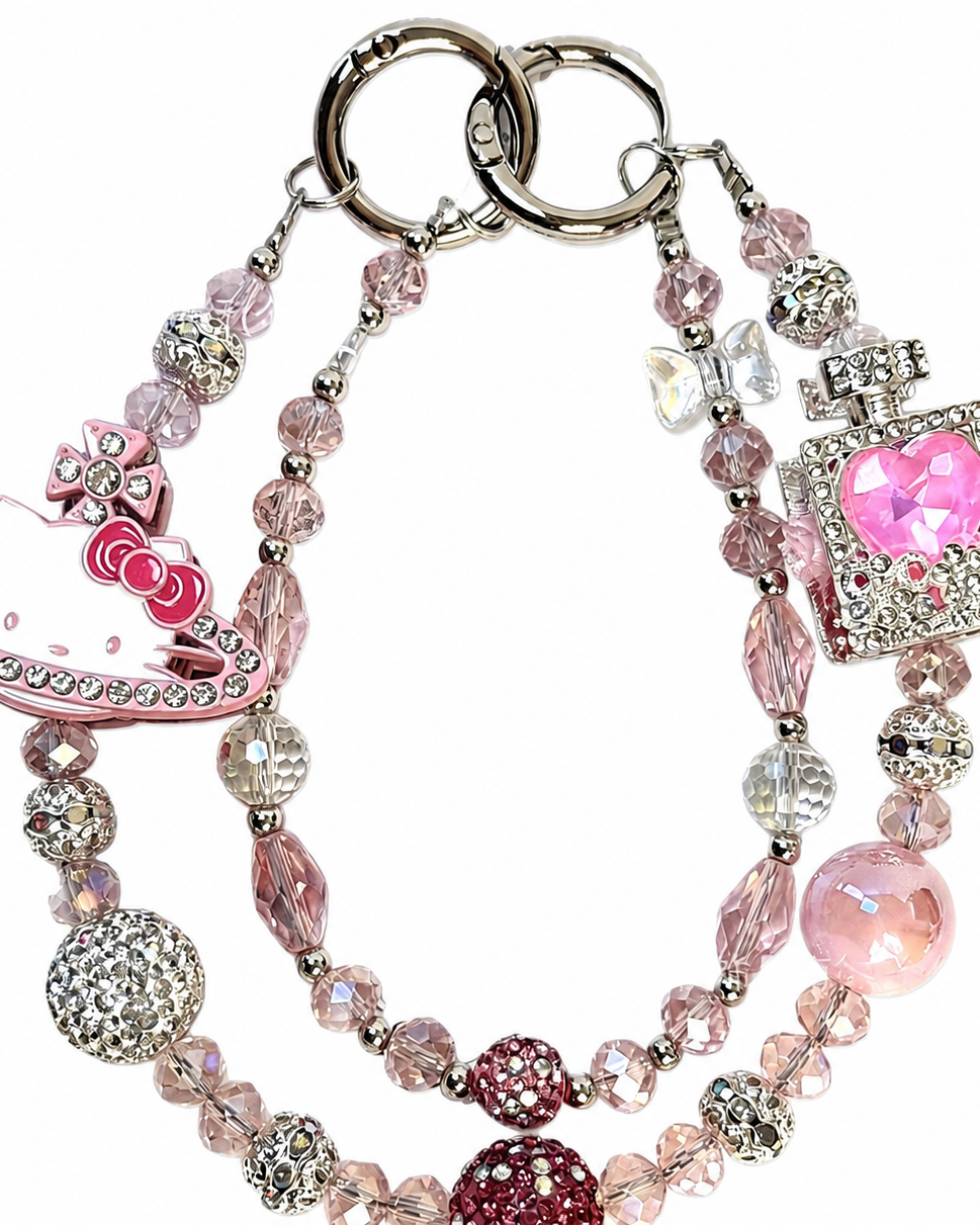 Cute Cat Beaded Phone & Bag Chain Strap – Pearl Charm Handbag Accessory
