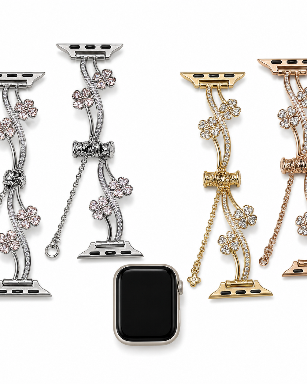 Silver, gold, and rose-tone floral vine watch bands with clear stone-inspired accents and dangling chains.