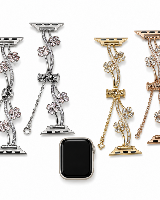 Silver, gold, and rose-tone floral vine watch bands with clear stone-inspired accents and dangling chains.