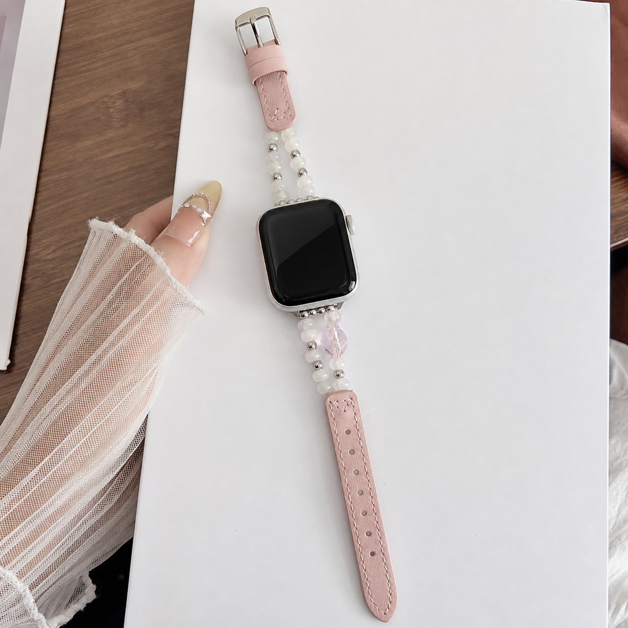 Amber Bead Leather-Look Watch Band
