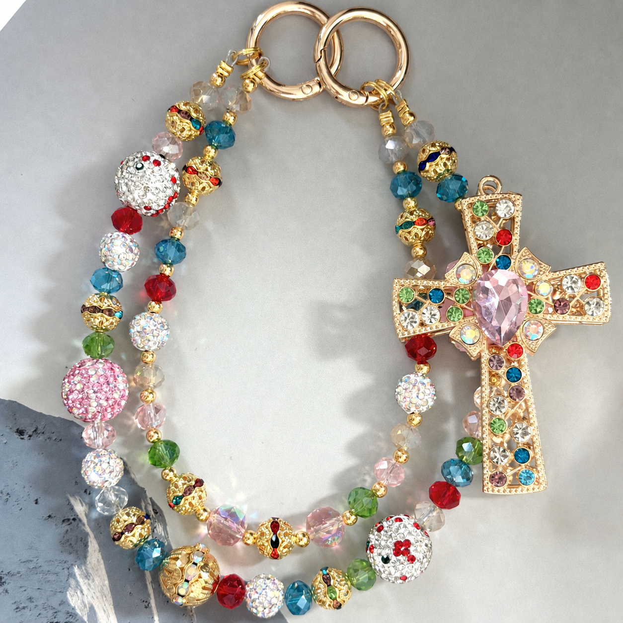 Kaleidoscope Cross Crystal Beaded Bag Charm & Keychain
