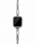 Silver-tone teardrop link watch band with clear stone-inspired accents, shown on a smartwatch.