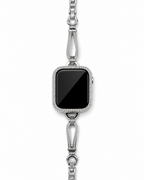Silver-tone teardrop link watch band with clear stone-inspired accents, shown on a smartwatch.