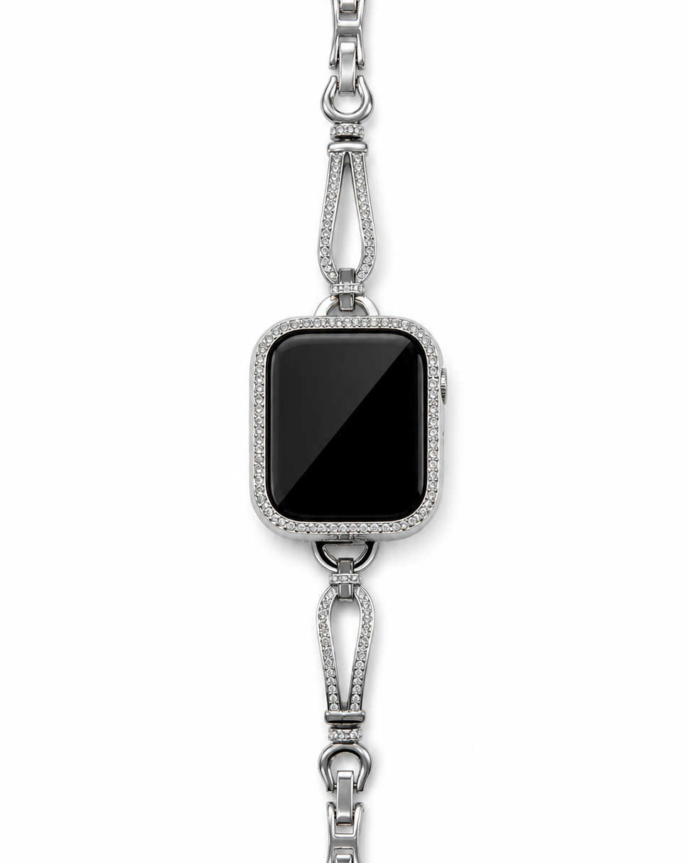 Silver-tone teardrop link watch band with clear stone-inspired accents, shown on a smartwatch.