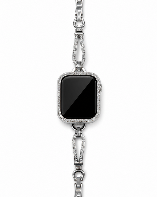 Silver-tone teardrop link watch band with clear stone-inspired accents, shown on a smartwatch.