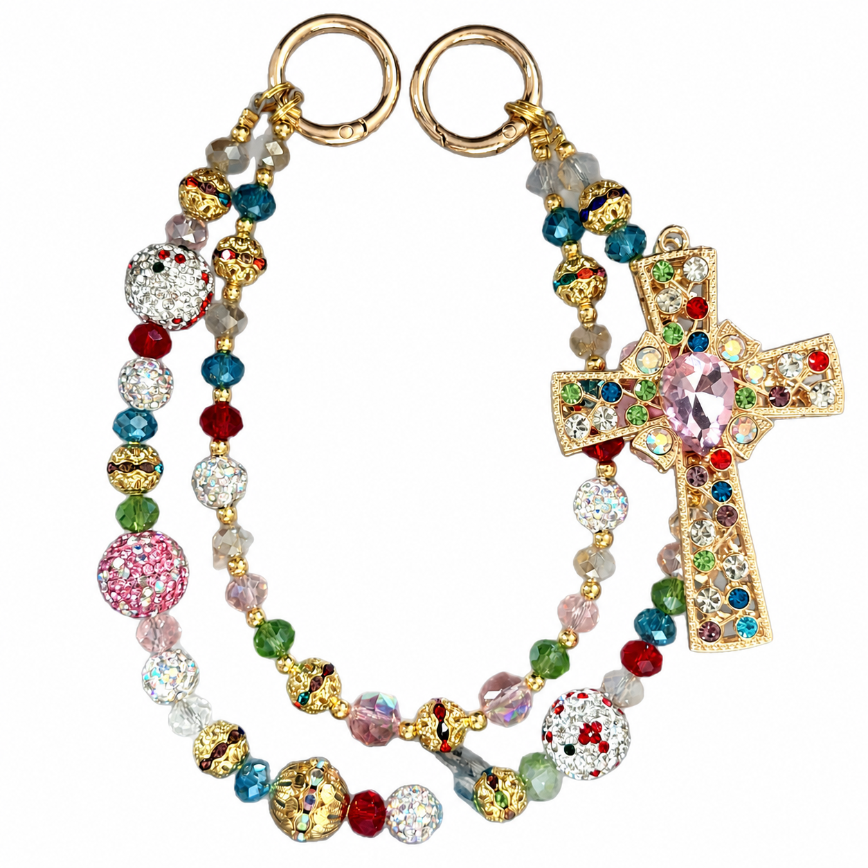 Multicolor beaded bag charm with a cross centerpiece and bright decorative accents.