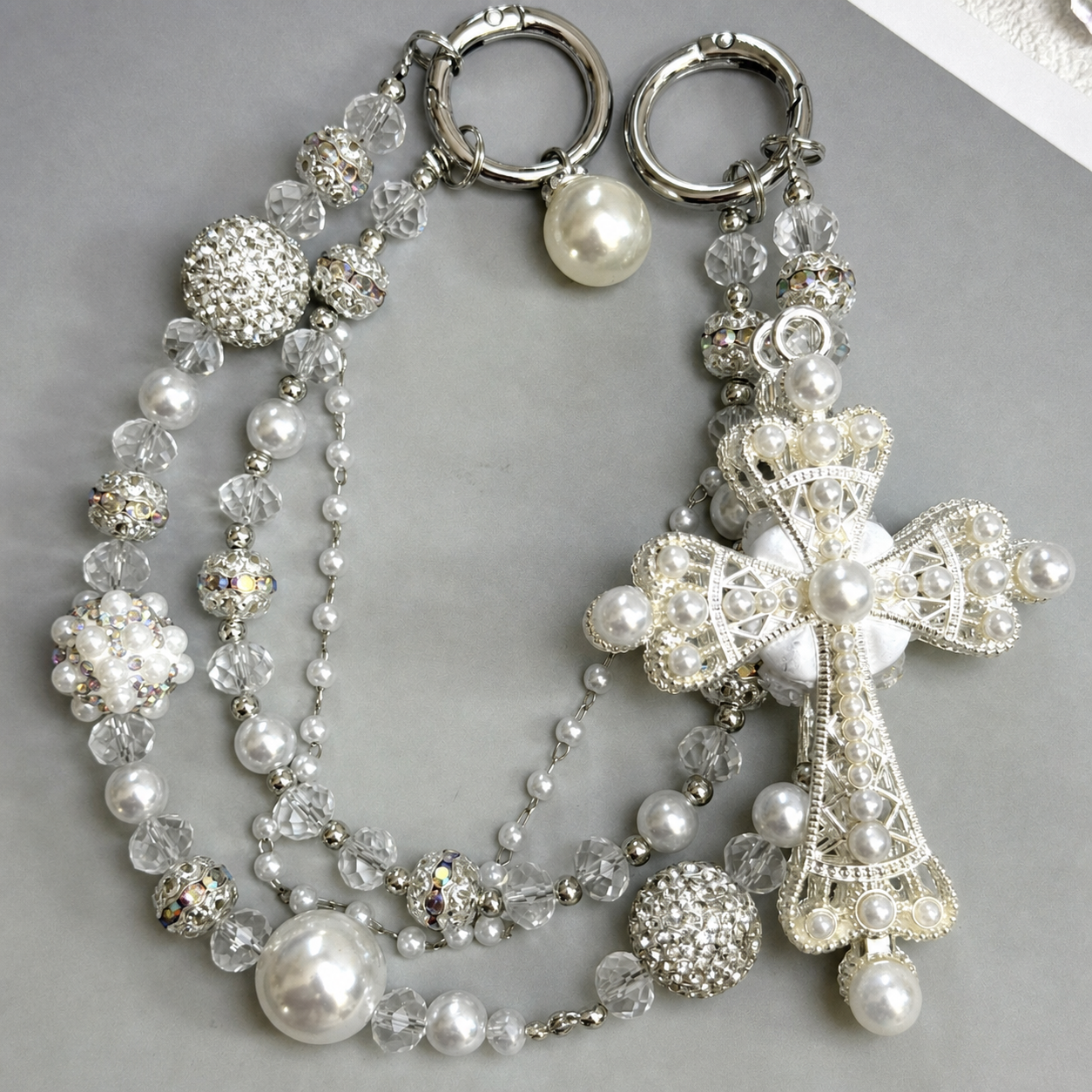 Pearl Cross Beaded Bag Charm & Keychain