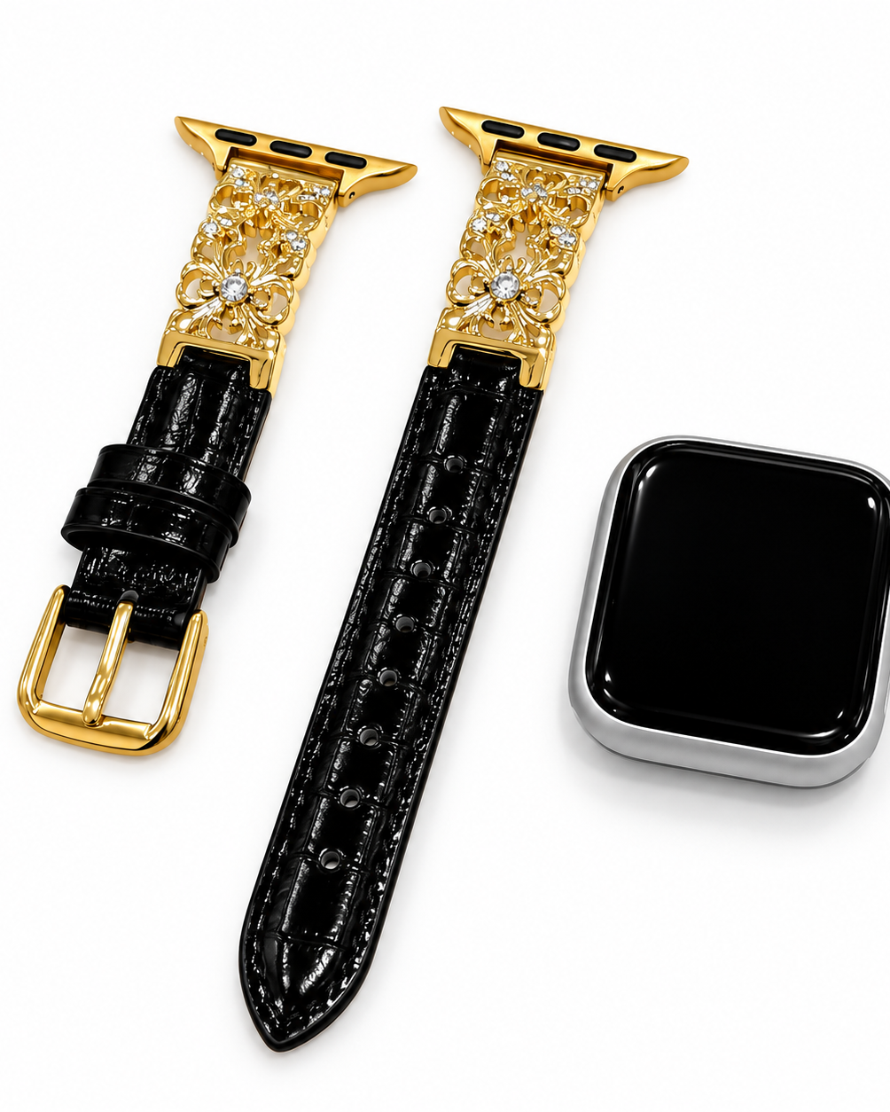 Black Floral Crystal Leather Watch Band