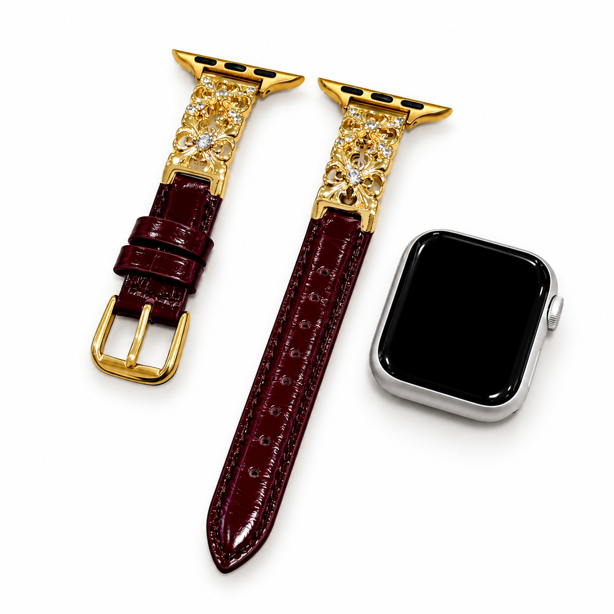 Black Floral Crystal Leather Watch Band