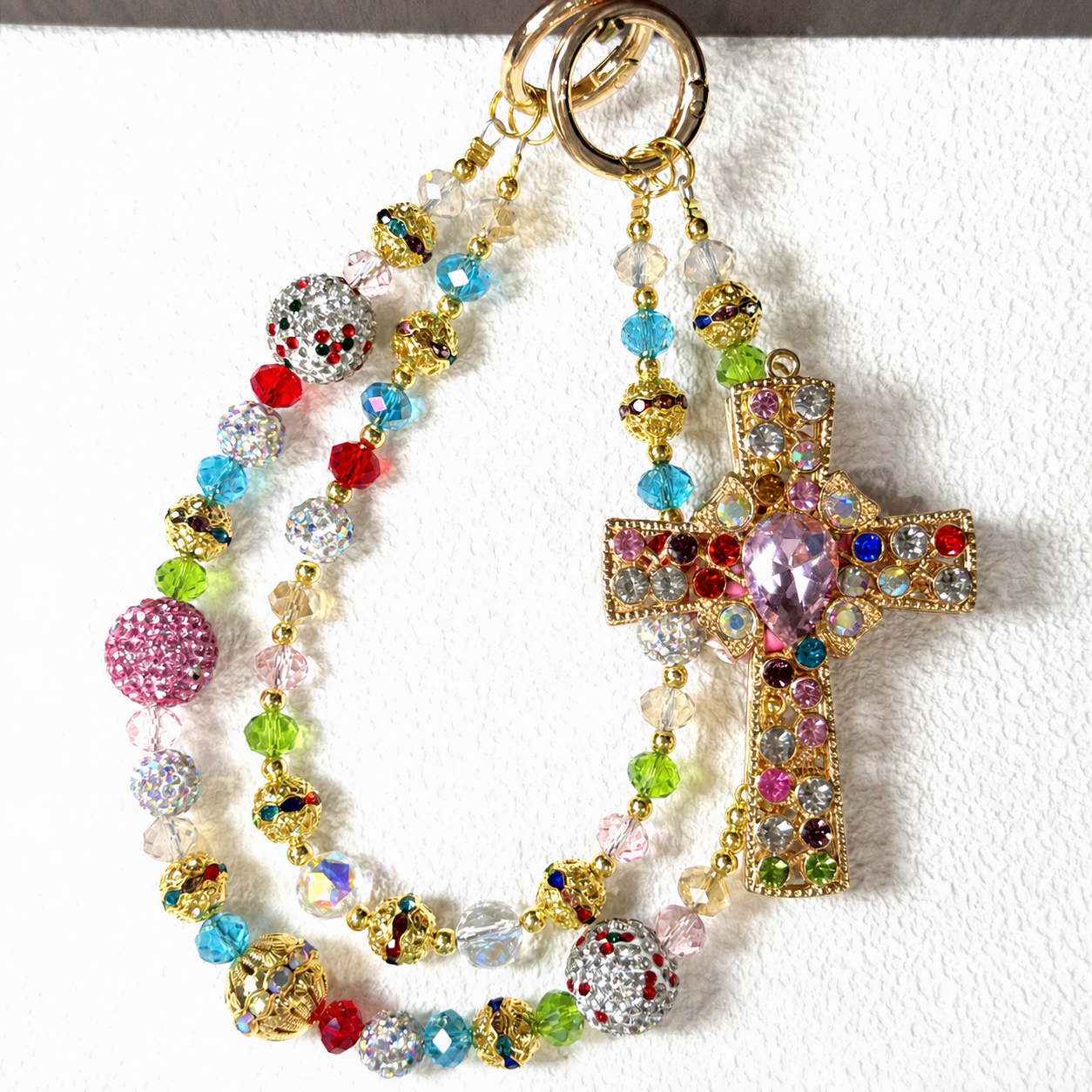 Kaleidoscope Cross Crystal Beaded Bag Charm & Keychain