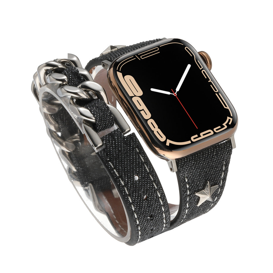 Denim Double-ring Leather Rivet Apple Watch Band