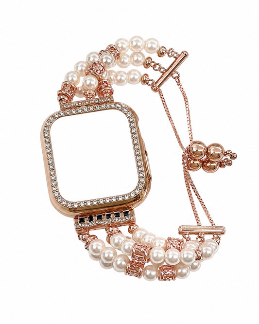 Stretch Pearl Chain with Crystal Casing Apple Watch Band - white background product view