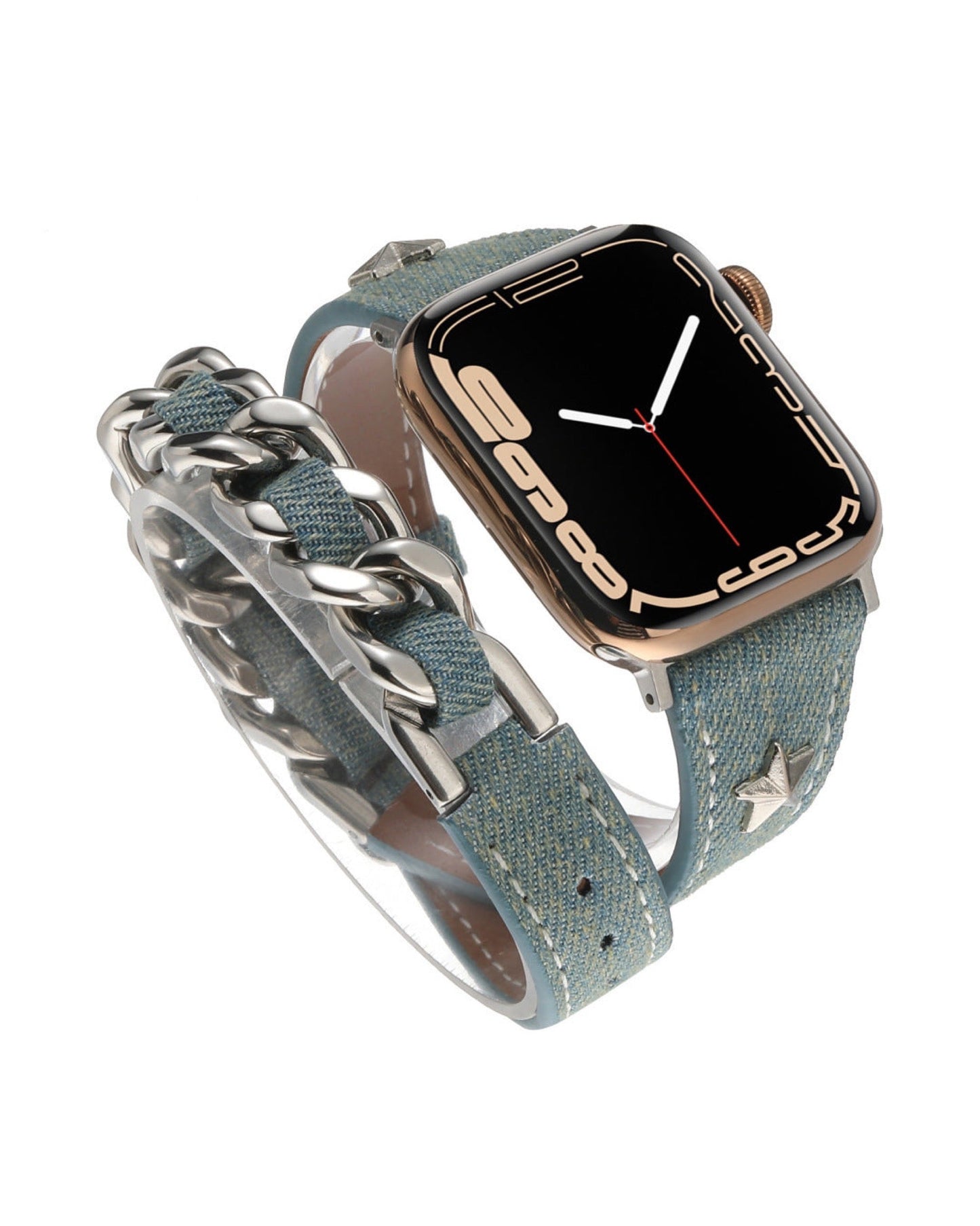Denim Double-ring Leather Rivet Apple Watch Band - white background product view