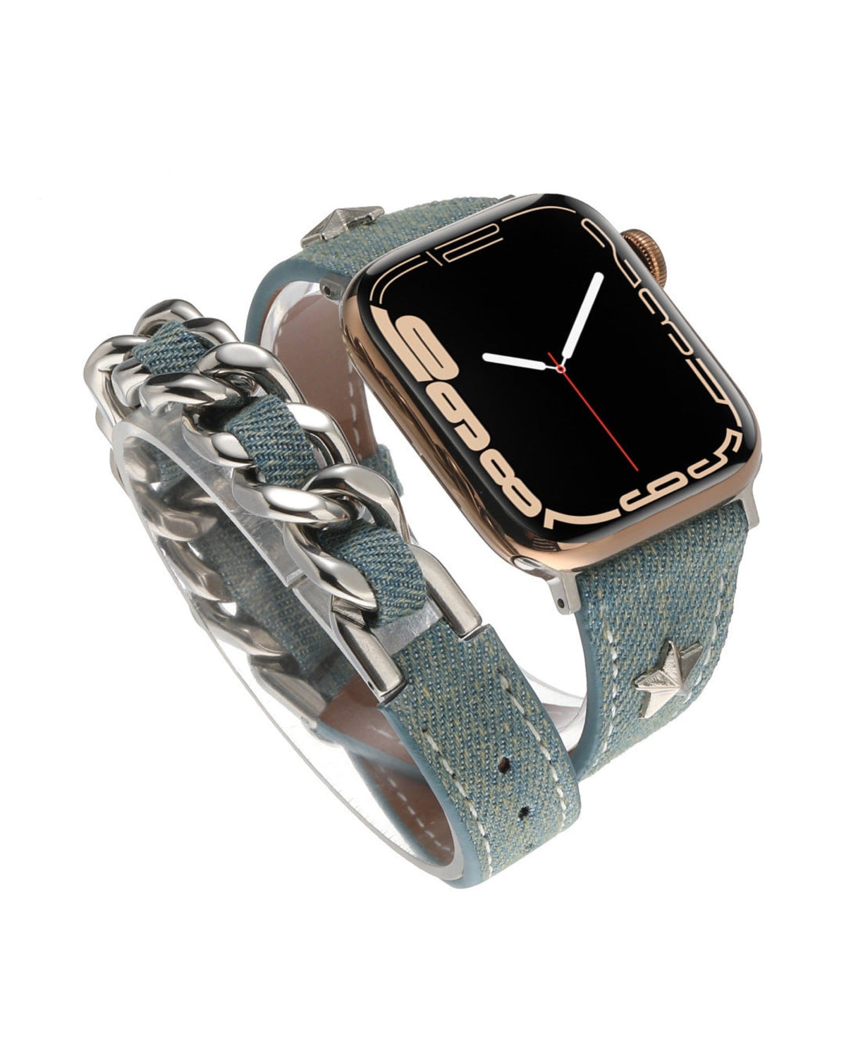 Denim Double-ring Leather Rivet Apple Watch Band - white background product view