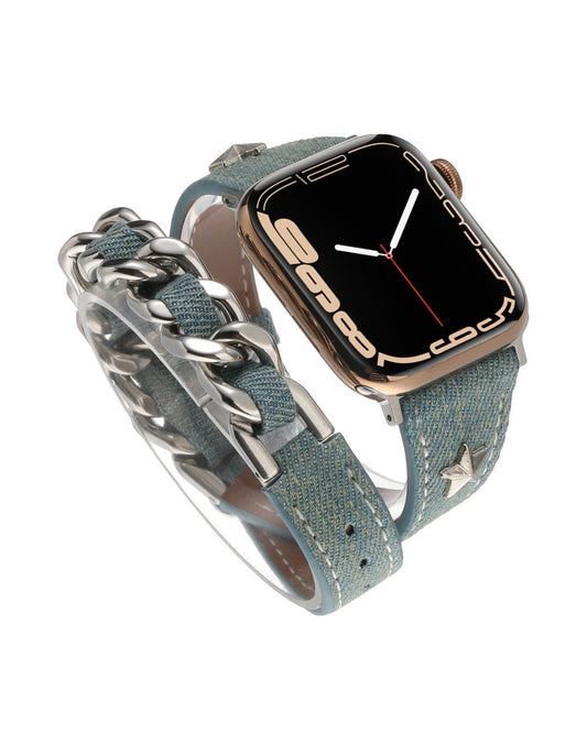 Denim Double-ring Leather Rivet Apple Watch Band - white background product view