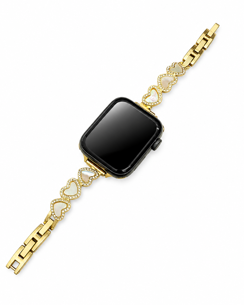 Gold-tone smartwatch band with linked heart motifs, pale heart inlays, and crystal-style trim.