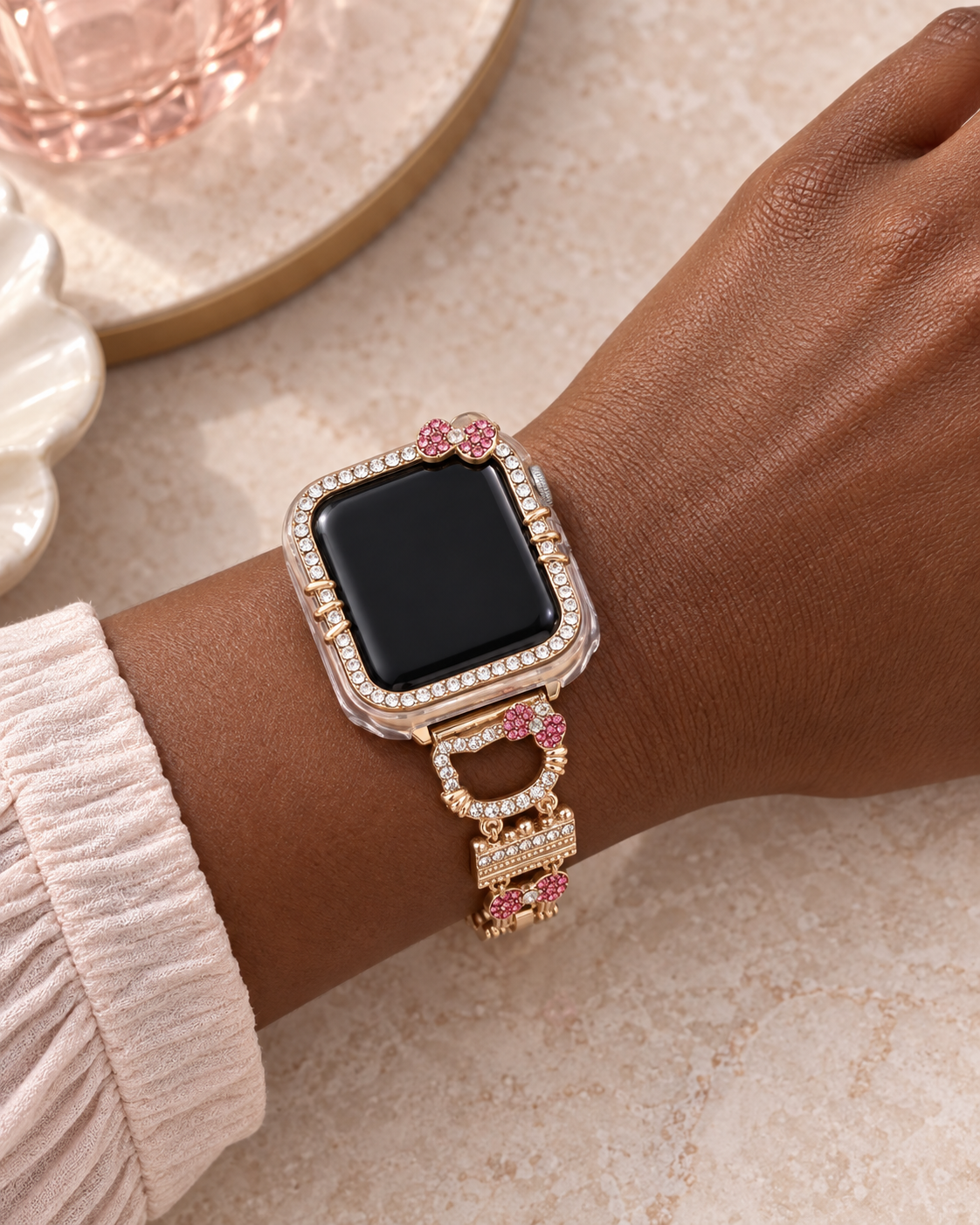Pink Bow Crystal Case & Chain Smartwatch Band Set