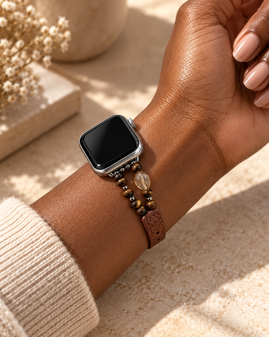 Amber Bead Leather-Look Watch Band