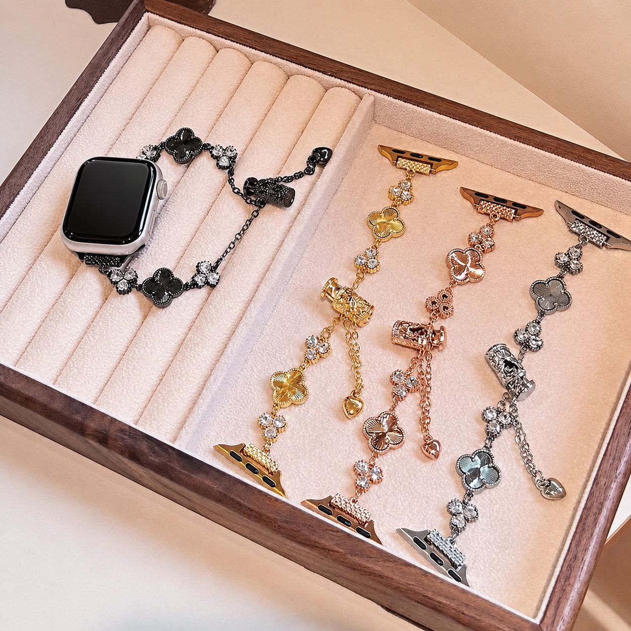 Clover Charm Crystal-Inspired Chain Watch Band