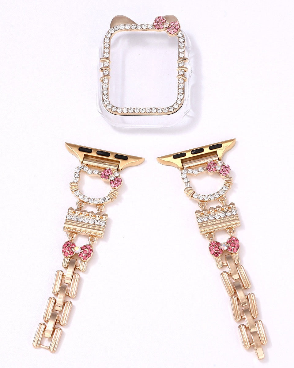 Silver-tone smartwatch band components with pink bow charms and a crystal-style watch case.
