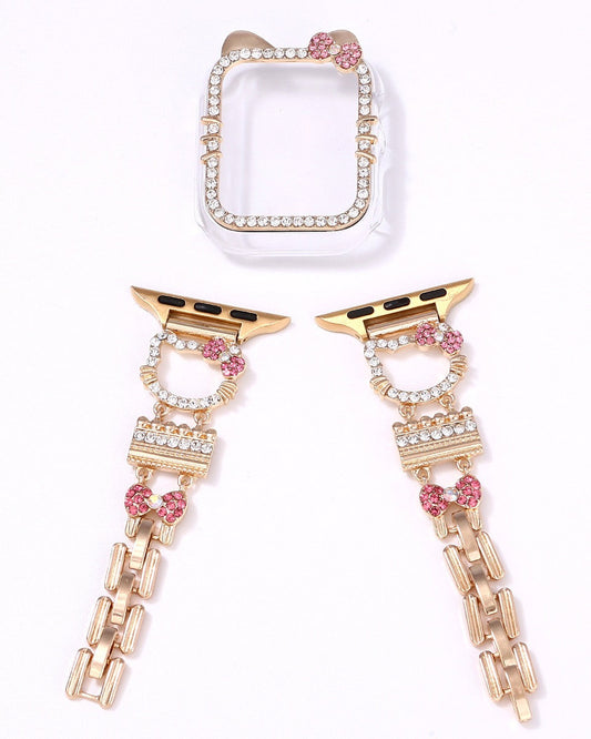 Silver-tone smartwatch band components with pink bow charms and a crystal-style watch case.