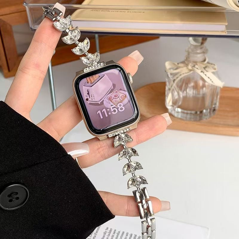 Silver Crystal Leaf Link Apple Watch Band
