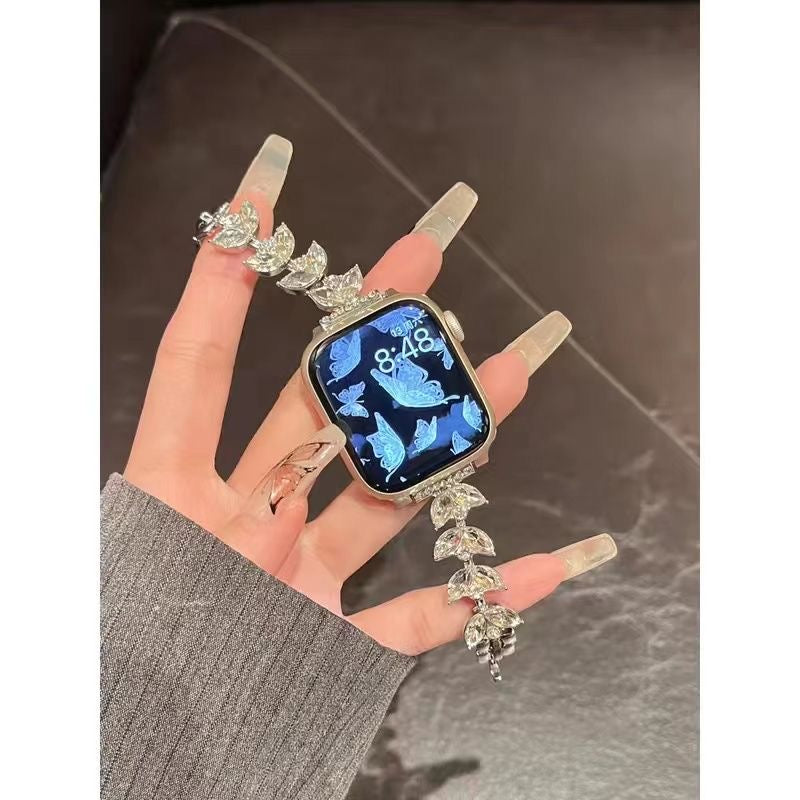 Silver Crystal Leaf Link Apple Watch Band