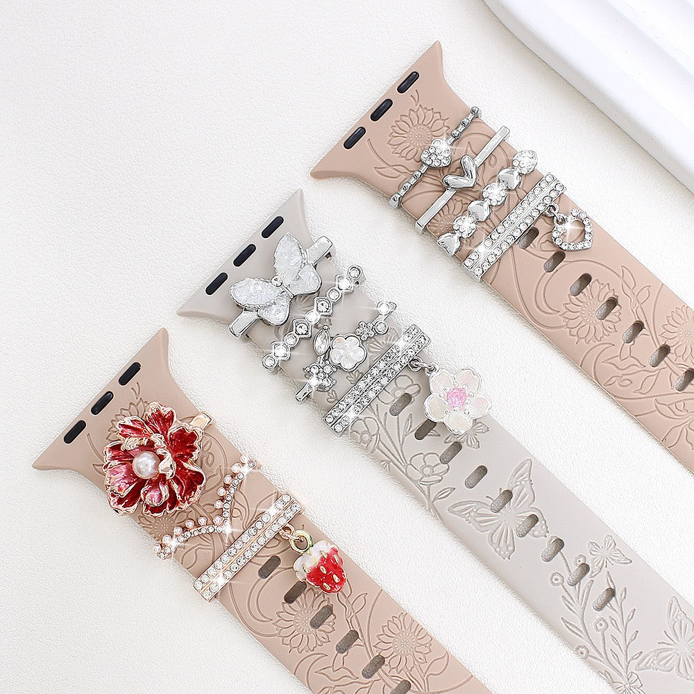 Floral Embossed Silicone Watch Band & Charm Set