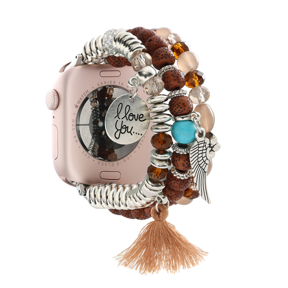Wood-Tone Beaded Tassel Watch Band