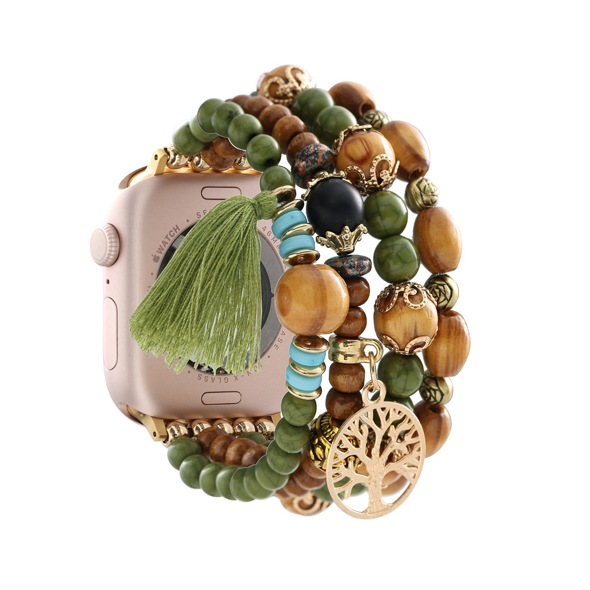 Wood-Tone Beaded Tassel Watch Band
