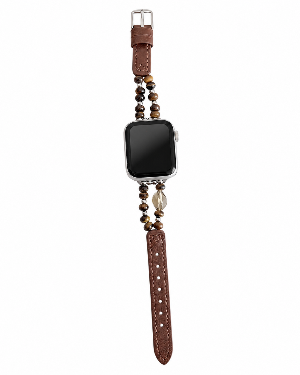 Warm brown leather-look watch band with double rows of brown beads and a buckle closure.