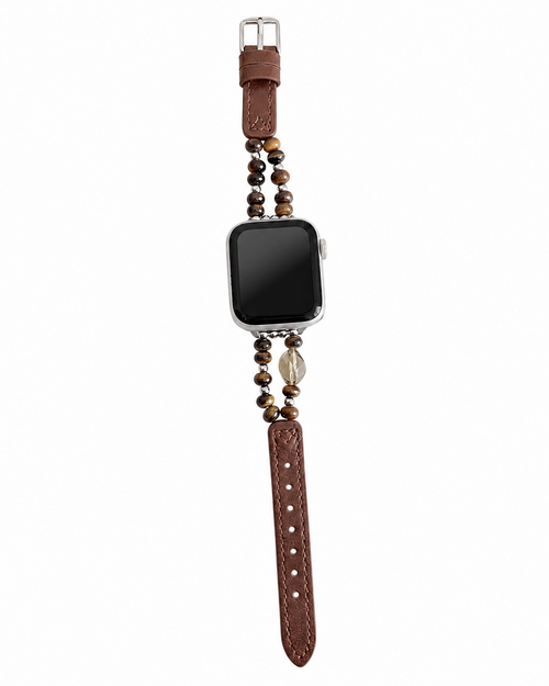 Warm brown leather-look watch band with double rows of brown beads and a buckle closure.