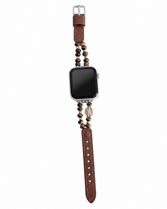 Warm brown leather-look watch band with double rows of brown beads and a buckle closure.