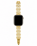 Gold-tone openwork lattice watch band with pearl-inspired central accents.