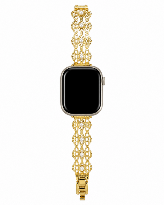 Gold-tone openwork lattice watch band with pearl-inspired central accents.