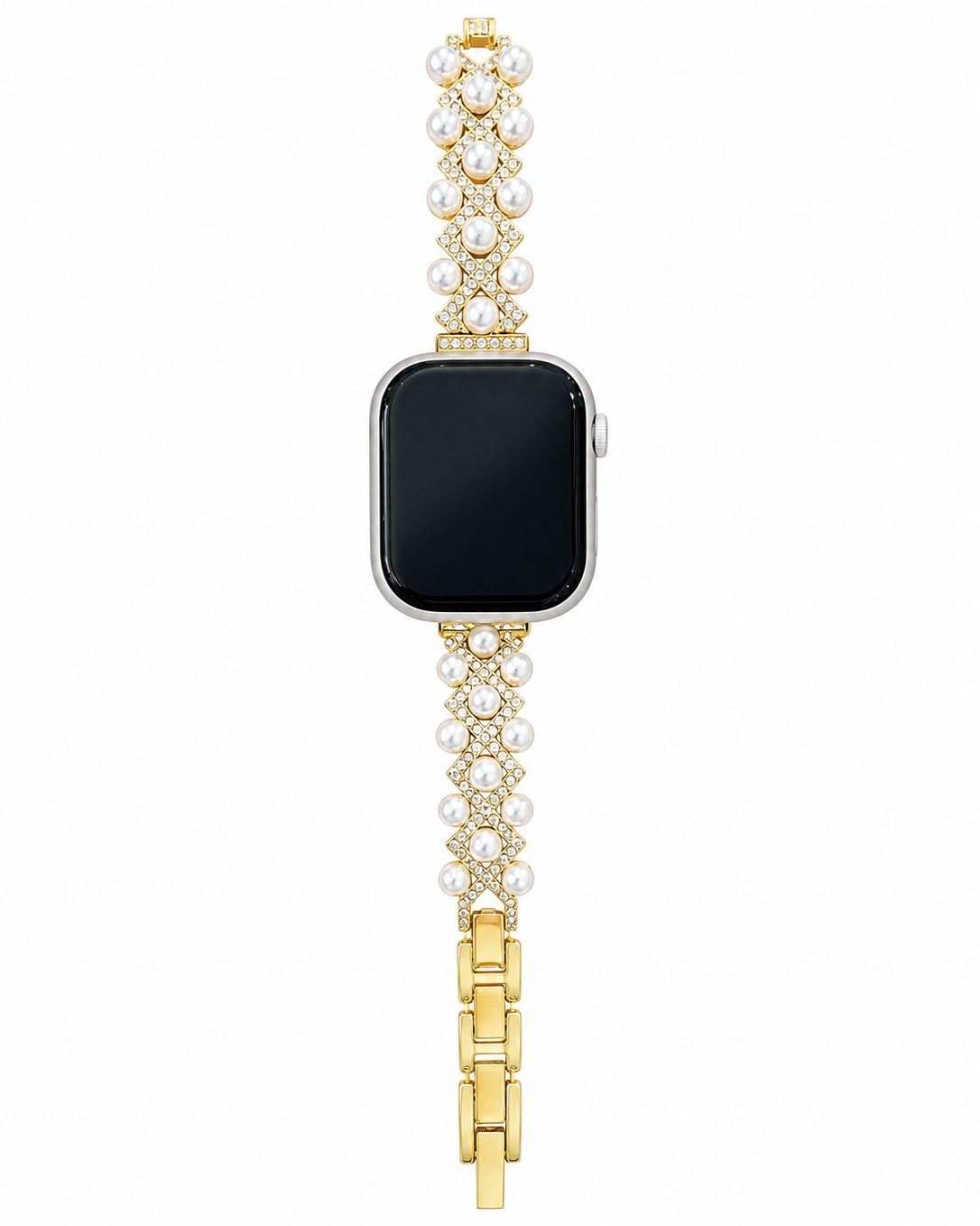 Gold-tone geometric watch band with pearl-inspired beads and clear decorative details.