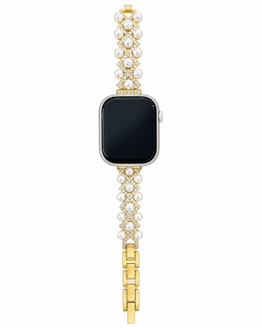 Gold-tone geometric watch band with pearl-inspired beads and clear decorative details.