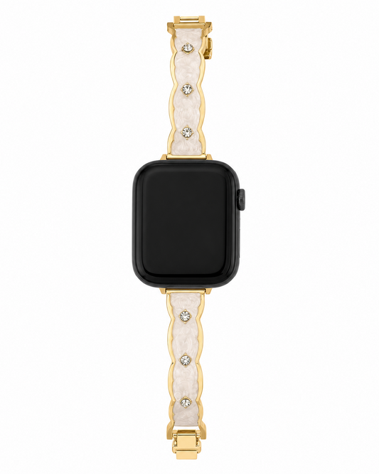 White marble-inspired watch band with wavy gold-tone trim and clear decorative accents.
