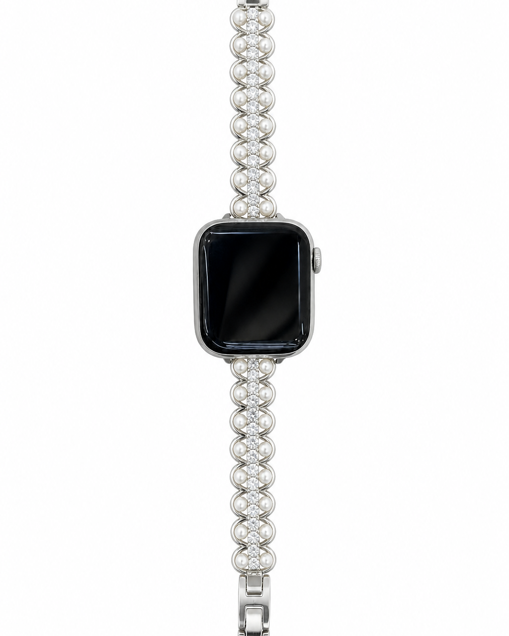 Silver-tone interlocking link watch band with pearl-inspired beads and clear decorative accents.