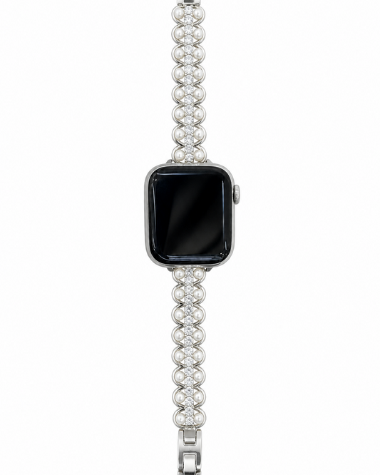 Silver-tone interlocking link watch band with pearl-inspired beads and clear decorative accents.