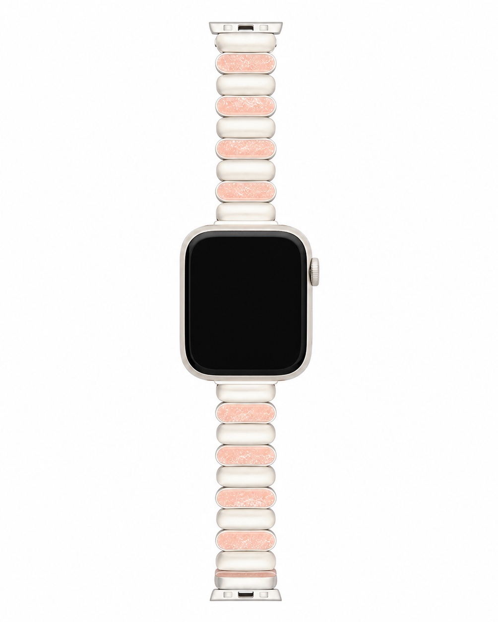 Blush pink and ivory resin-look watch band with rounded alternating links.