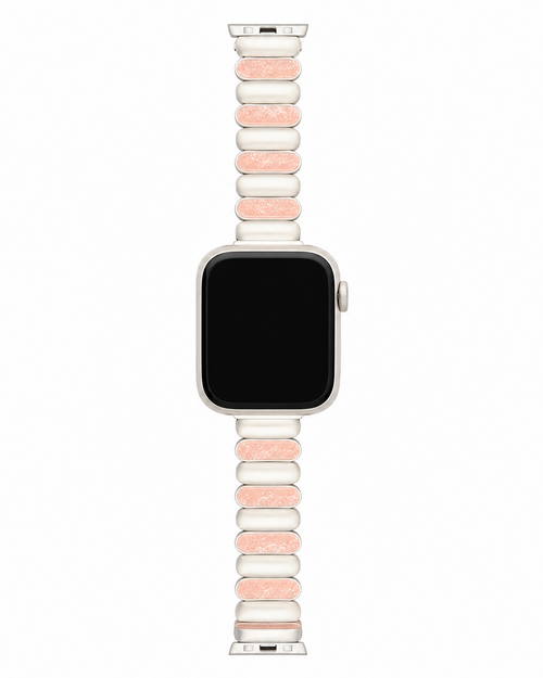 Blush pink and ivory resin-look watch band with rounded alternating links.