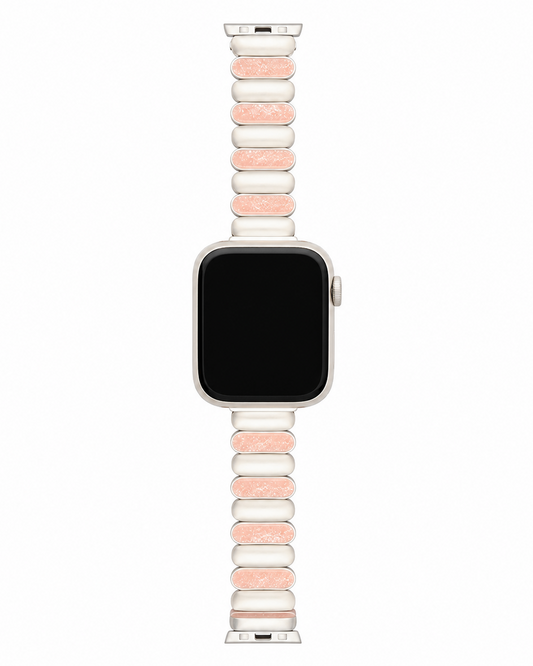 Blush pink and ivory resin-look watch band with rounded alternating links.